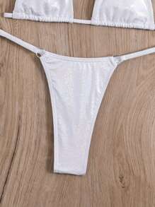 Swim SXY Summer Beach Metallic Bikini Set Micro Triangle Bra & O-Ring Linked Thong 2 Pieces Bikini - White - View 6