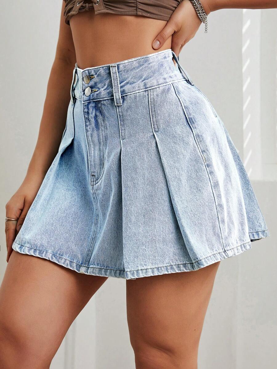 SHEIN EZwear Washed Pleated Denim Skirt - Light Wash - View 1