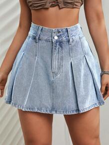 SHEIN EZwear Washed Pleated Denim Skirt - Light Wash - View 3