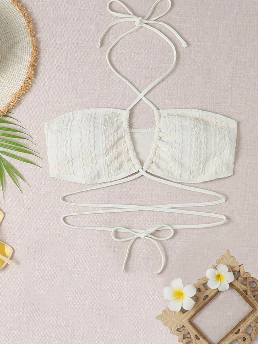 Solid Halter Bikini Top - Beige - View 1