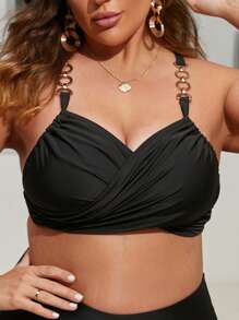 SHEIN Plus Chain Detail Wrap Cross Bikini Top - Black - View 1