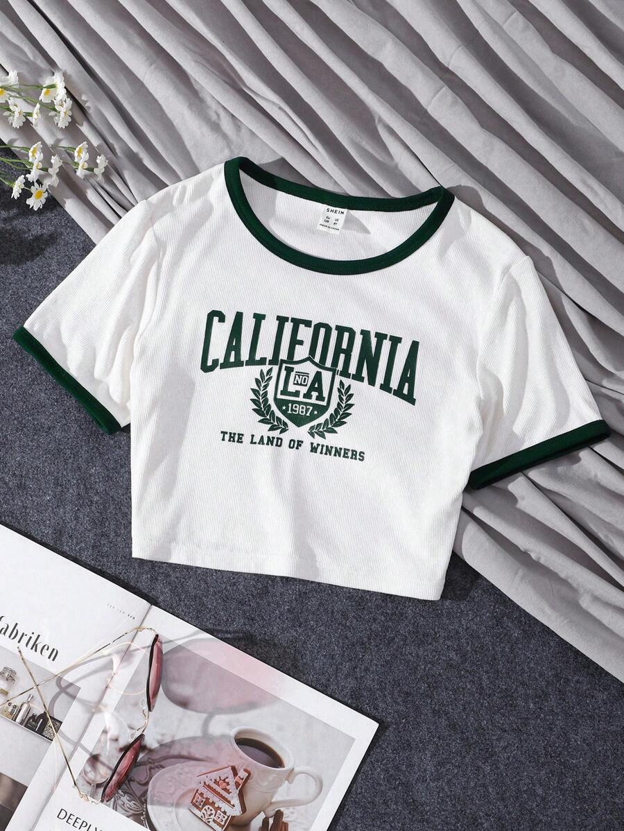 SHEIN Camiseta Para Chicas Jóvenes Con Gráfico De Letras Y Cuello De Contraste En Cosecha - Blanco - Ver 1
