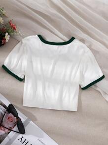 SHEIN Camiseta Para Chicas Jóvenes Con Gráfico De Letras Y Cuello De Contraste En Cosecha - Blanco - Ver 2