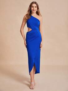 SHEIN Belle One Shoulder Ruched Wrap Hem Satin Dress - Royal Blue - View 1