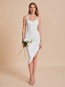 SHEIN Belle 褶邊不對稱下擺亮片掛脖洋裝