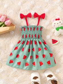 Baby Watermelon Print Bow Shoulder Shirred Cami Dress - Green - View 1