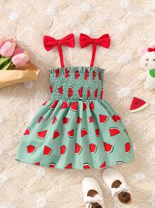Baby Watermelon Print Bow Shoulder Shirred Cami Dress - Green - View 2