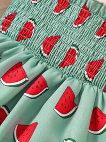 Baby Watermelon Print Bow Shoulder Shirred Cami Dress - Green - View 4