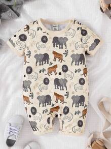 男嬰卡通動物印花T恤連體短褲 - 卡其色 - 查看 1