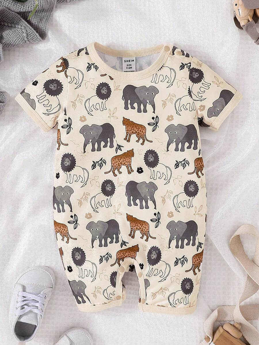 男嬰卡通動物印花T恤連體短褲 - 卡其色 - 查看 1