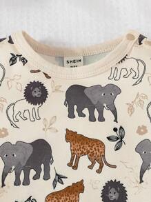 男嬰卡通動物印花T恤連體短褲 - 卡其色 - 查看 3