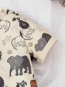 男嬰卡通動物印花T恤連體短褲 - 卡其色 - 查看 4