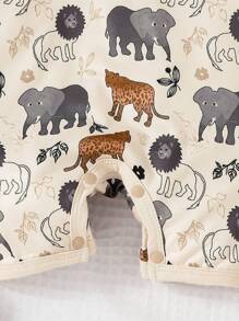 男嬰卡通動物印花T恤連體短褲 - 卡其色 - 查看 5