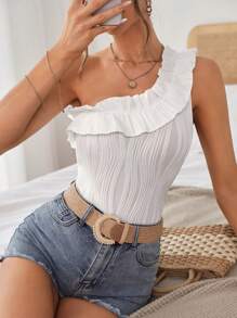 SHEIN Clasi One Shoulder Ruffle Trim Bodysuit - White - View 3