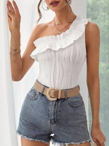 SHEIN Clasi One Shoulder Ruffle Trim Bodysuit - White - View 2