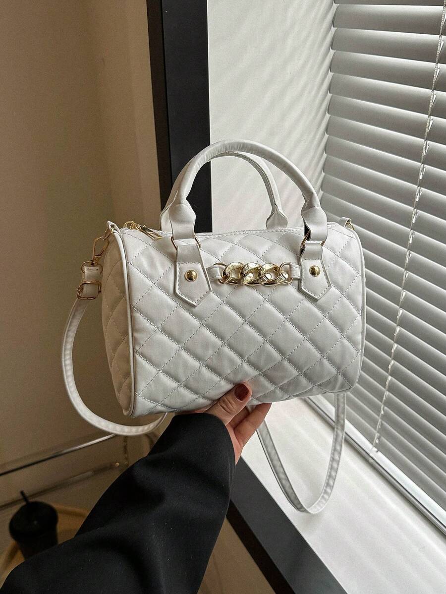 Chain Decor Boston Bag Quilted PU - White - View 1