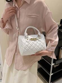 Chain Decor Boston Bag Quilted PU - White - View 2