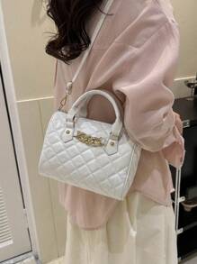 Chain Decor Boston Bag Quilted PU - White - View 6