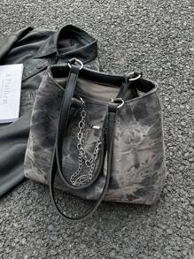 Bolso de tote con cadena decorativa de diseño de nicho de gran capacidad, bolso de tote novedoso de hombro, bolso de mano de para chicas, bolso escolar de gran capacidad, portátil, adecuado para adolescentes, mujeres, estudiantes universitarios, perfecto para volver a la escuela, primer día de clases, escuela secundaria, compras, vacaciones, universidad - Gris - Ver 1