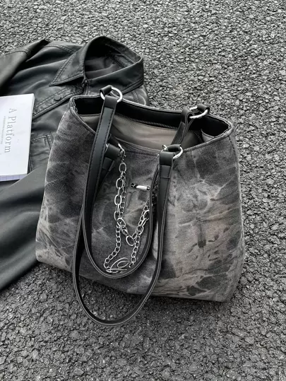 图案单肩手提包链条装饰大容量小众设计手提包，新奇单肩包，时尚女孩户外收纳手提包书包，大容量，便携，适合少女女大学生，非常适合返校、开学第一天、中学、高中、购物、度假、大学