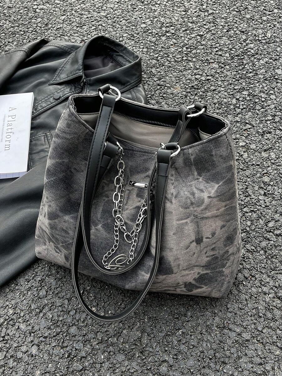 Bolso de tote con cadena decorativa de diseño de nicho de gran capacidad, bolso de tote novedoso de hombro, bolso de mano de para chicas, bolso escolar de gran capacidad, portátil, adecuado para adolescentes, mujeres, estudiantes universitarios, perfecto para volver a la escuela, primer día de clases, escuela secundaria, compras, vacaciones, universidad - Gris - Ver 1