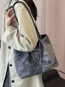 Bolso de tote con cadena decorativa de diseño de nicho de gran capacidad, bolso de tote novedoso de hombro, bolso de mano de para chicas, bolso escolar de gran capacidad, portátil, adecuado para adolescentes, mujeres, estudiantes universitarios, perfecto para volver a la escuela, primer día de clases, escuela secundaria, compras, vacaciones, universidad - Gris - Ver 3