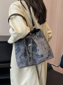 Bolso de tote con cadena decorativa de diseño de nicho de gran capacidad, bolso de tote novedoso de hombro, bolso de mano de para chicas, bolso escolar de gran capacidad, portátil, adecuado para adolescentes, mujeres, estudiantes universitarios, perfecto para volver a la escuela, primer día de clases, escuela secundaria, compras, vacaciones, universidad - Gris - Ver 4