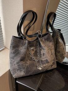 Bolso de tote con cadena decorativa de diseño de nicho de gran capacidad, bolso de tote novedoso de hombro, bolso de mano de para chicas, bolso escolar de gran capacidad, portátil, adecuado para adolescentes, mujeres, estudiantes universitarios, perfecto para volver a la escuela, primer día de clases, escuela secundaria, compras, vacaciones, universidad - Gris - Ver 5