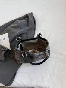 Bolso de tote con cadena decorativa de diseño de nicho de gran capacidad, bolso de tote novedoso de hombro, bolso de mano de para chicas, bolso escolar de gran capacidad, portátil, adecuado para adolescentes, mujeres, estudiantes universitarios, perfecto para volver a la escuela, primer día de clases, escuela secundaria, compras, vacaciones, universidad - Gris - Ver 7