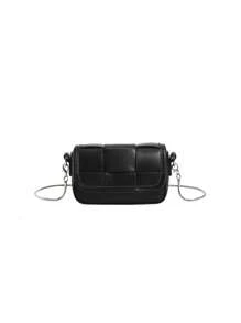 Bolsa cuadrada mini con diseño trenzado con solapa PU negro - Negro - Ver 5