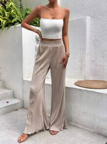 SHEIN Frenchy Solid Lettuce Trim Wide Leg Pants