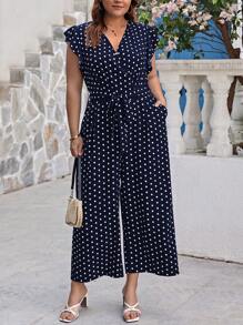 SHEIN Clasi Jumpsuits Plus Size Thắt lưng Trọn gói Chấm bi Thanh lịch - Màu xanh hải quân - Xem 4