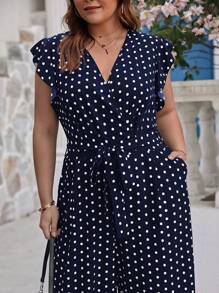 SHEIN Clasi Jumpsuits Plus Size Thắt lưng Trọn gói Chấm bi Thanh lịch - Màu xanh hải quân - Xem 5