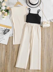 SHEIN 少女纯色吊带背心、裤子和外套 - 彩色 - 查看 2