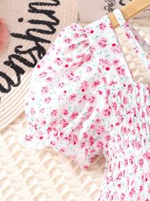 SHEIN Vintaside Kids Tween Girl Ditsy Floral Print Puff Sleeve Ruffle Hem Dress Summer Holiday - Multicolor - View 4