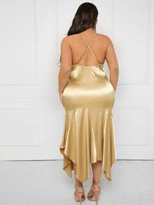 SHEIN SXY Plus Hanky Hem Satin Cami Dress - Champagne - View 3