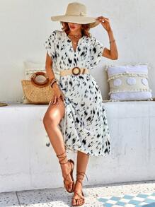 Breezaya 滿版印花蝙蝠袖高衩洋裝不附腰帶 - 白色 - 查看 4