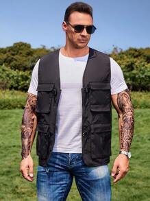 Manfinity Men Plus Flap Pocket Buckle Detail Vest Jacket Without Tee - Black - View 6