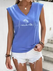 SHEIN LUNE Áo thun nữ Thực vật Giải trí - Màu xanh lam - Xem 6