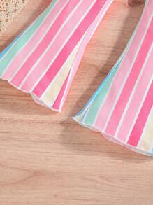 Bộ áo hai dây cài nút phía trước cho bé gái kèm quần ống loe in họa tiết sọc cầu vồng, mùa hè - Hồng - Xem 4
