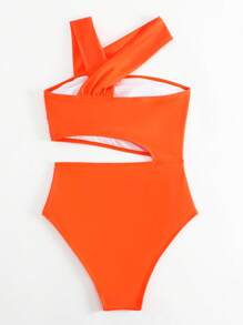 SHEIN Swim Summer Beach Cut Out Waist Asymmetrical Neck One Piece Swimsuit Bathing Suit - Orange - View 2