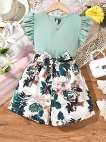 SHEIN Tween Girl Keyhole Neck Ruffle Trim Tee & Tropical Print Shorts - Multicolor - View 1