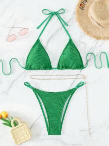 SHEIN Swim Summer Beach Chain Linked Halter Triangle Bikini Set - Green - View 1