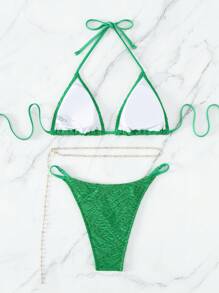 SHEIN Swim Summer Beach Chain Linked Halter Triangle Bikini Set - Green - View 2