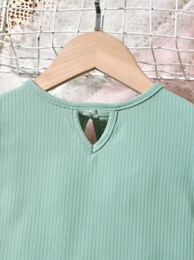 SHEIN Tween Girl Keyhole Neck Ruffle Trim Tee & Tropical Print Shorts - Multicolor - View 3