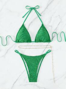 SHEIN Swim Summer Beach Chain Linked Halter Triangle Bikini Set - Green - View 4