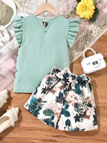 SHEIN Tween Girl Keyhole Neck Ruffle Trim Tee & Tropical Print Shorts - Multicolor - View 4