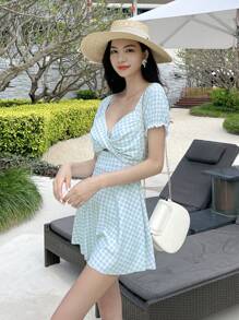 DAZY Gingham Puff Sleeve One Piece Swimsuit - Blue and White - View 2