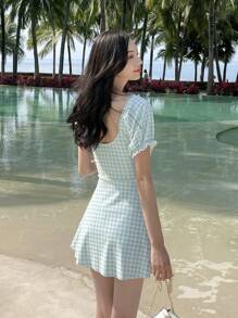 DAZY Gingham Puff Sleeve One Piece Swimsuit - Blue and White - View 3