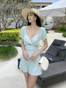 DAZY Gingham Puff Sleeve One Piece Swimsuit - Blue and White - View 4